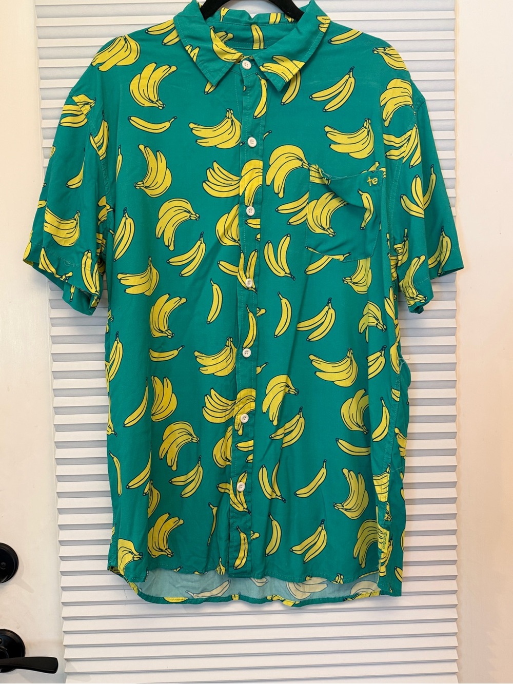 Tipsy Elves Green Short-Sleeve Button-Down Shirt with Yellow Banana Print